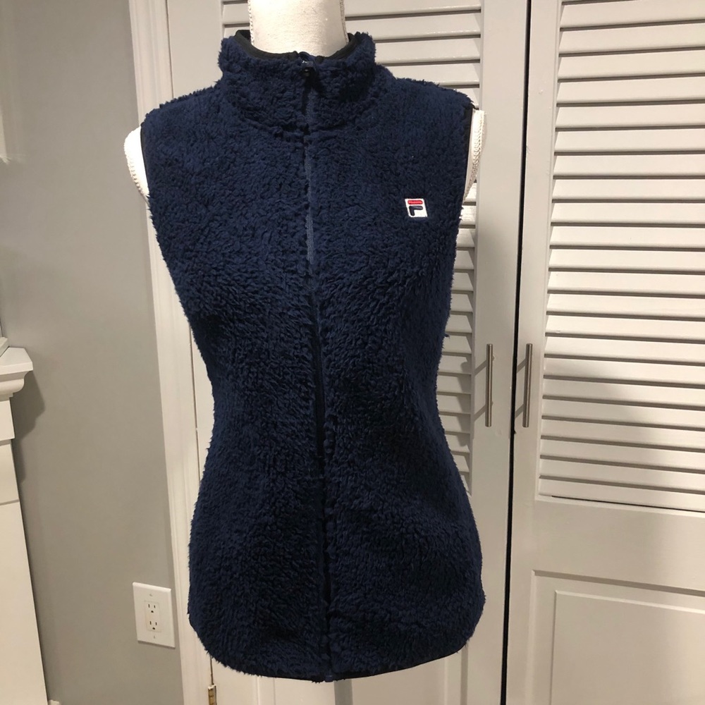 Fila Navy Blue Faux Fur Zip Up Vest Medium